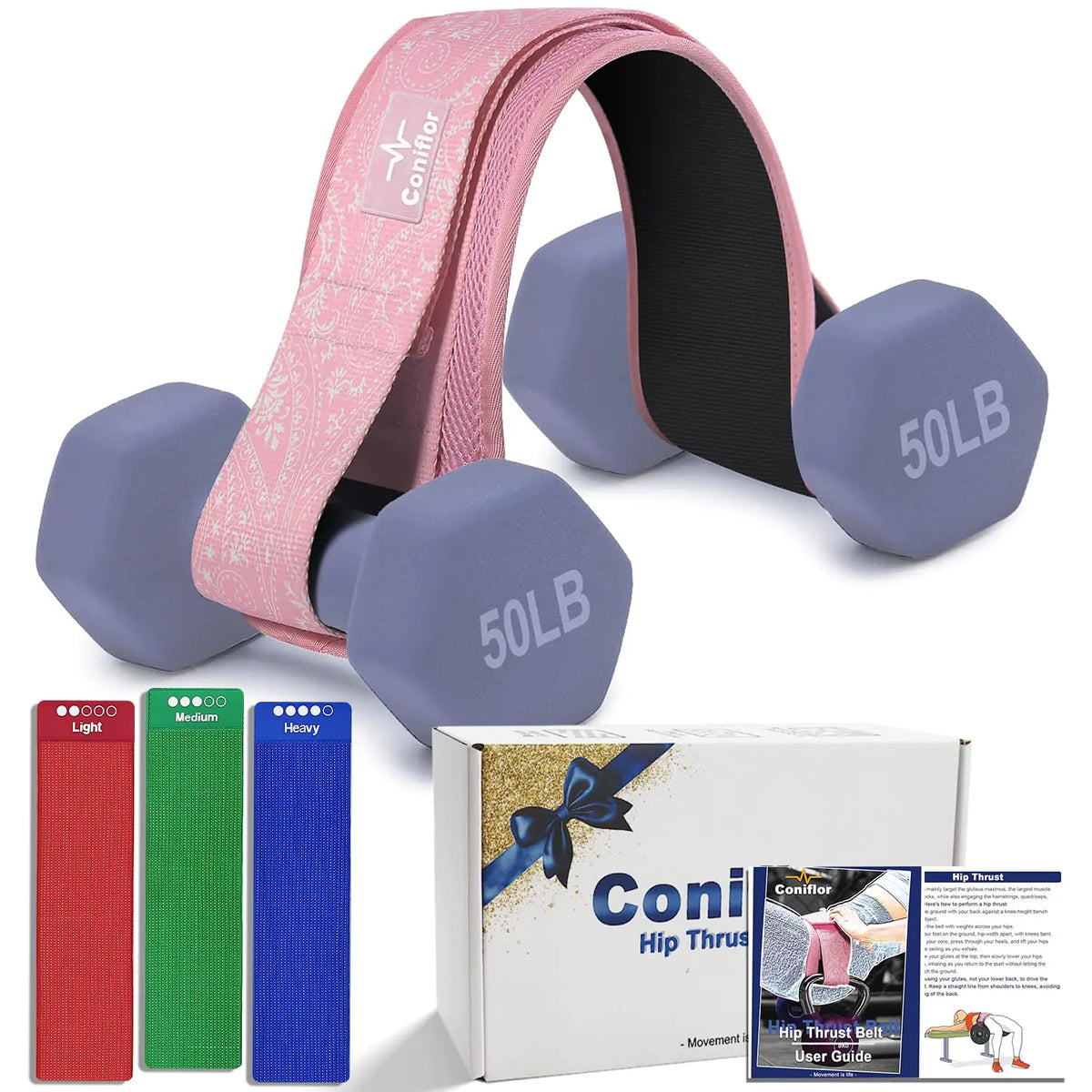 physical fitness Coniflor Hip Thrust Belt with 3 Resistance Bands - Adjustable Fitness Belt for Dumbbells Kettlebells Plates - Support Up to 100 lbs - for Glute Workouts at Home Gym - Gifts Ideas for Women Pink