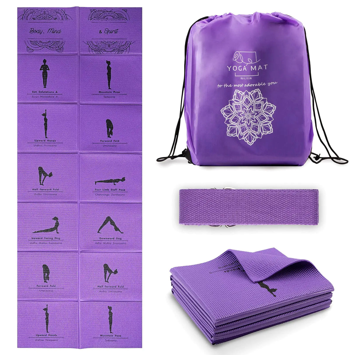 Foldable Yoga Mat for Women Non Slip Exercise Mat for Home Gym 5mm Travel Yoga Mats Set With Stretch Strap for Yoga Pilates and Fitness 68"L x 24"W x 0.2 Inch Thick